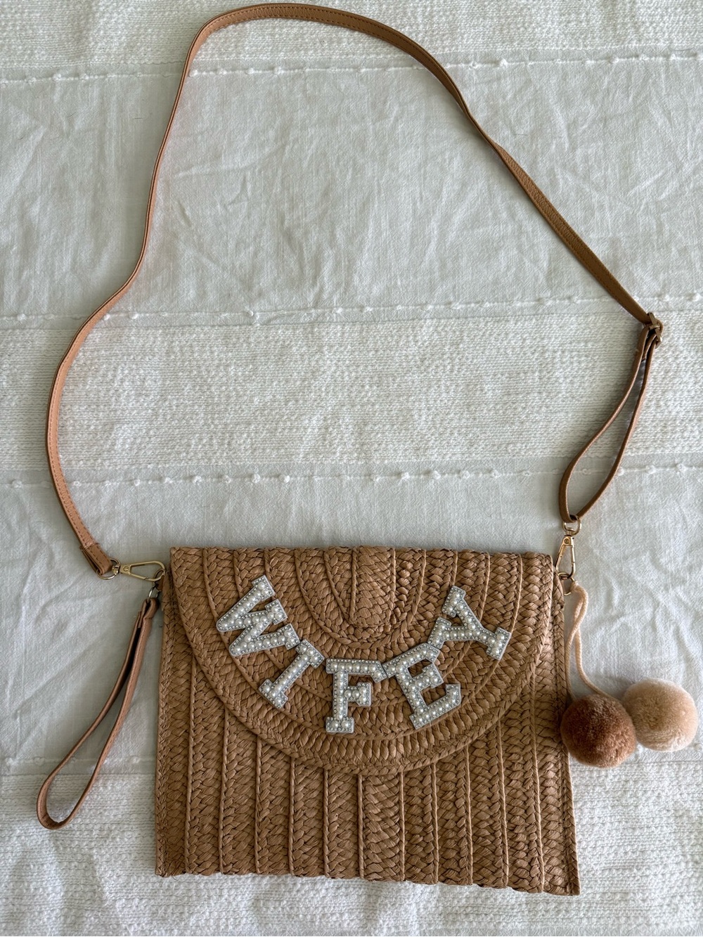 Wifey Embellished Straw Crossbody Bag in Natural